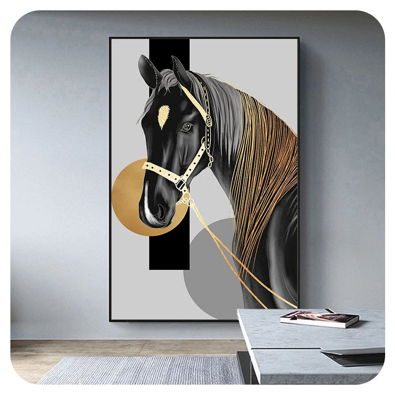 Modern Black Horse Gold HD Posters Canvas Wall Art Painting Print and Picture for Living Room Gallery Interior Home Decorative