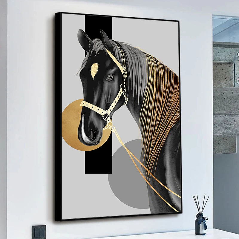 Modern Black Horse Gold HD Posters Canvas Wall Art Painting Print and Picture for Living Room Gallery Interior Home Decorative