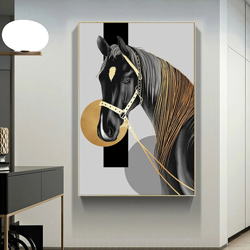Modern Black Horse Gold HD Posters Canvas Wall Art Painting Print and Picture for Living Room Gallery Interior Home Decorative