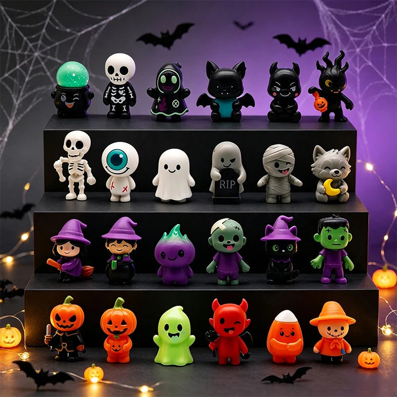 24Pcs Cute Mini Halloween Pumpkin Resin Statues Witch Devil Figure Model Statue Collection Desktop Decoration Ornament Toys Gif