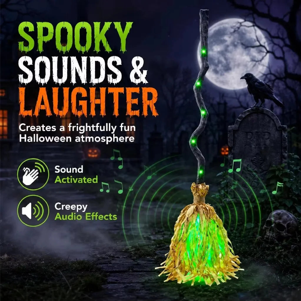 HOT Glowing Witch Broom with Sound Effects Auto Bouncing for Haunted House Escape Room Party Indoor Halloween Decoration Gifts