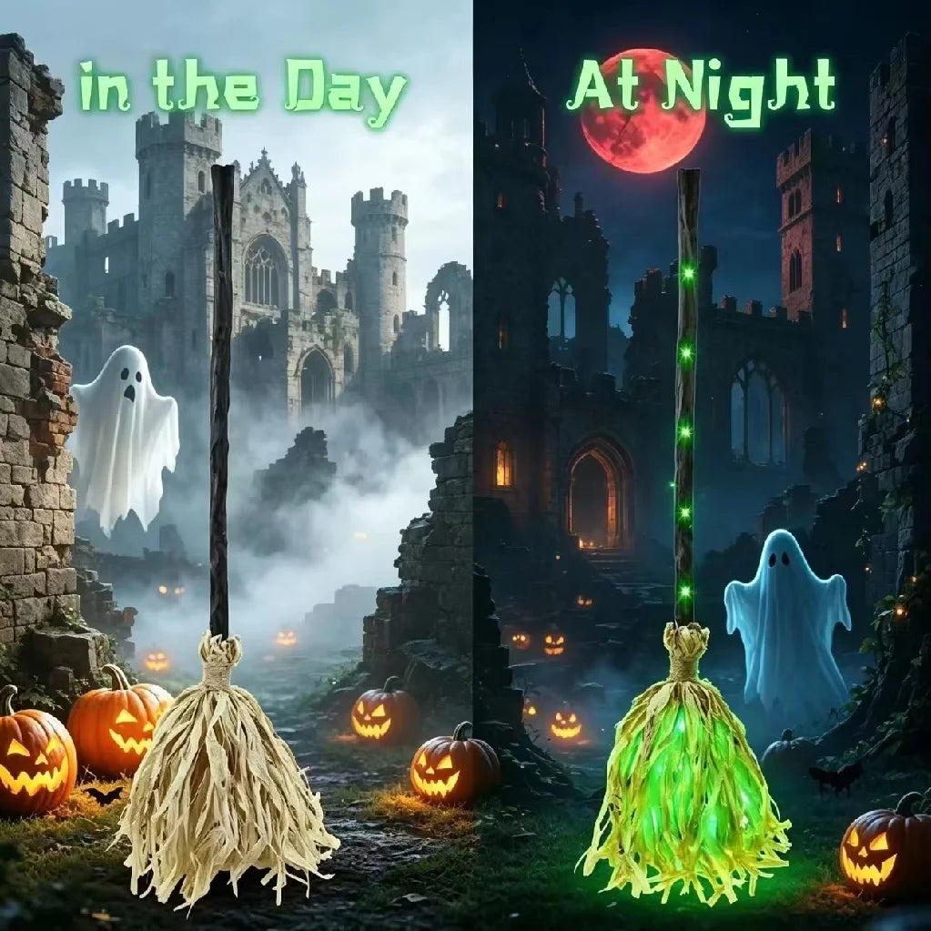 HOT Glowing Witch Broom with Sound Effects Auto Bouncing for Haunted House Escape Room Party Indoor Halloween Decoration Gifts