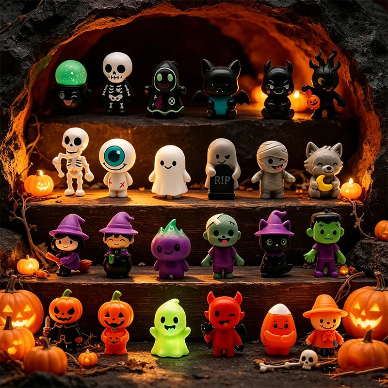 24Pcs Cute Mini Halloween Pumpkin Resin Statues Witch Devil Figure Model Statue Collection Desktop Decoration Ornament Toys Gif