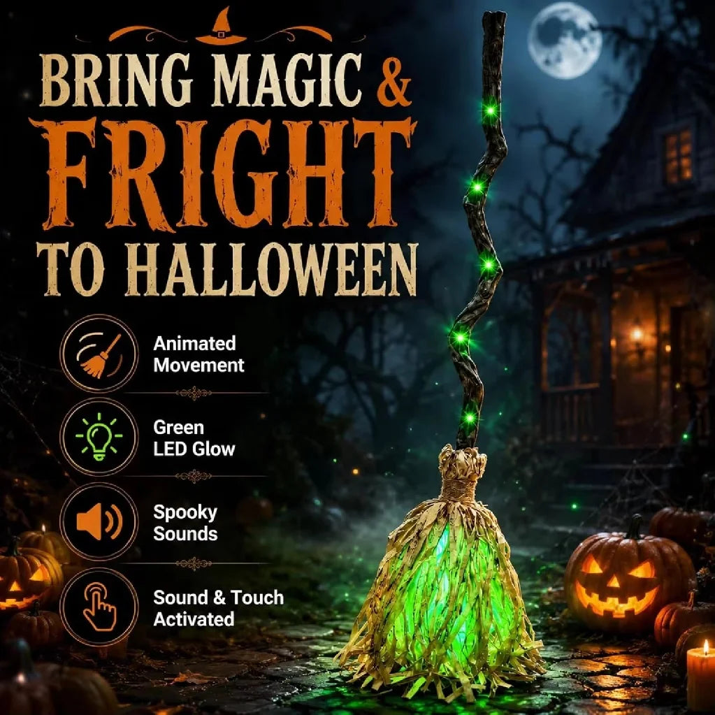 HOT Glowing Witch Broom with Sound Effects Auto Bouncing for Haunted House Escape Room Party Indoor Halloween Decoration Gifts