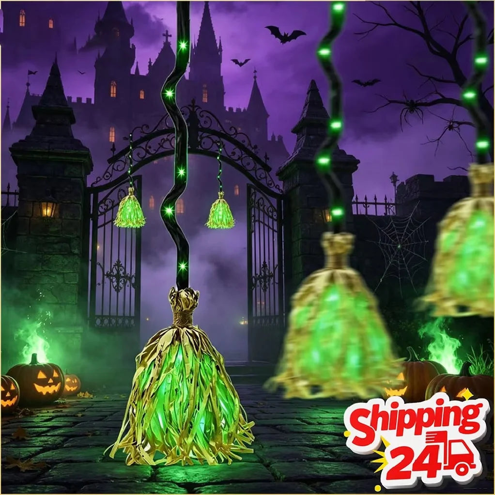 HOT Glowing Witch Broom with Sound Effects Auto Bouncing for Haunted House Escape Room Party Indoor Halloween Decoration Gifts